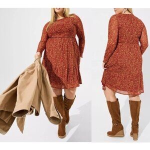 NWT Torrid Rust-Red Flowy Tiered Hem Floral Print Mesh Dress Side Pocket Size 3X